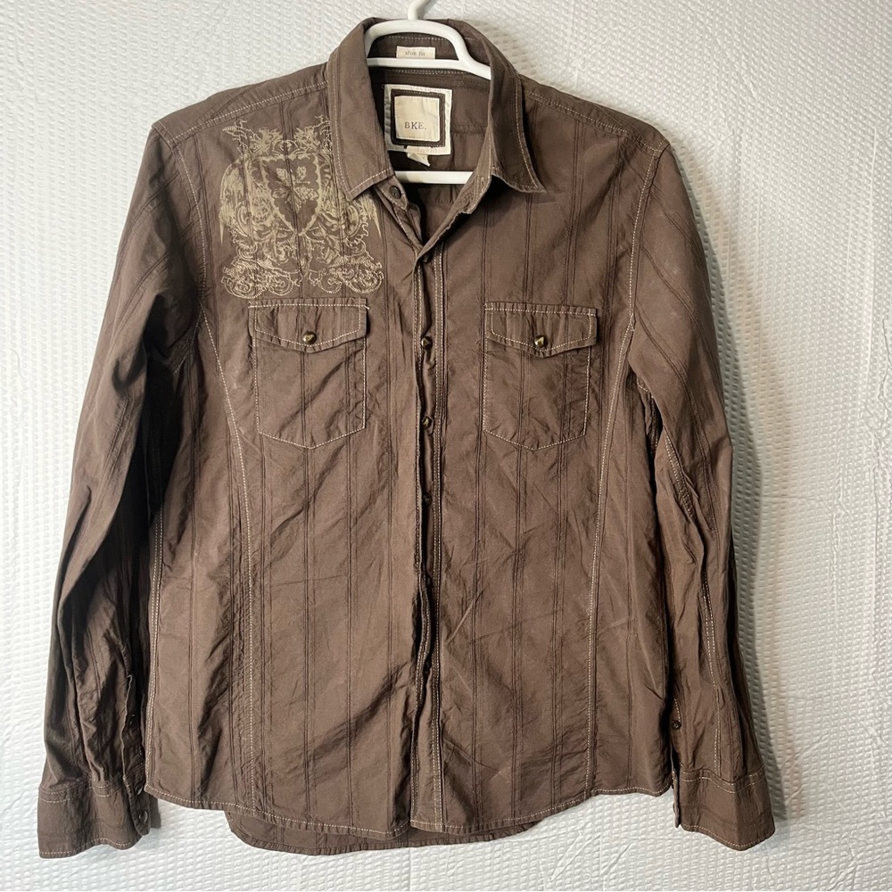 BKE Buckle Slim Fit Brown Western Pearl Snap Shirt Size L